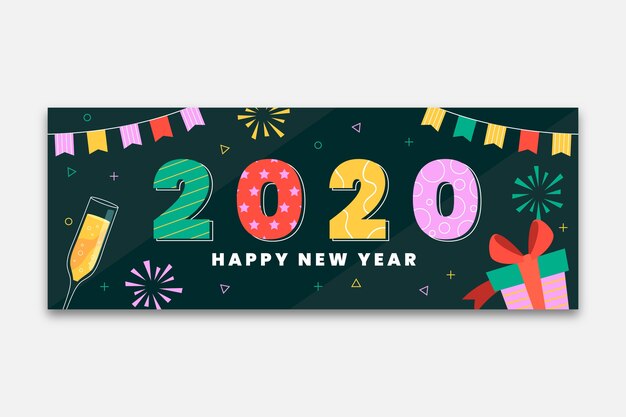 Plantilla de portada de redes sociales de año nuevo plano dibujado a mano