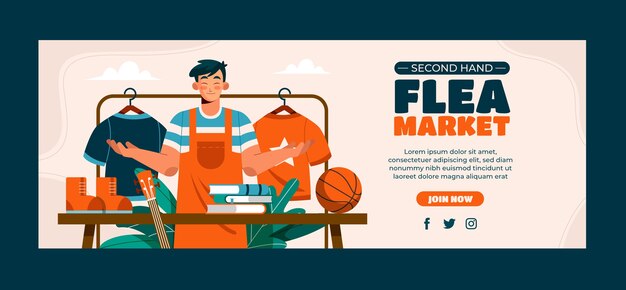 Plantilla de portada de redes sociales de compras de mercado de pulgas plano