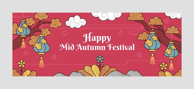 Plantilla de portada de redes sociales dibujada a mano para la celebración del festival de mediados de otoño