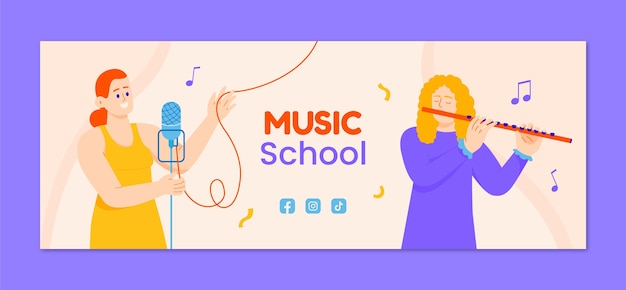 Vector gratuito plantilla de portada de redes sociales de educación y clases de escuela de música plana