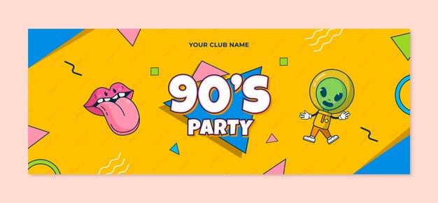 Plantilla de portada de redes sociales de fiesta de los 90 de dibujos animados dibujados a mano