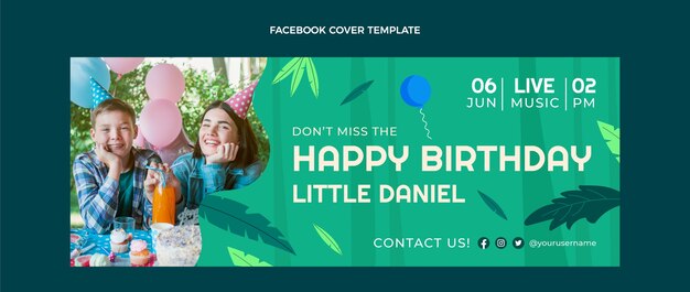 Plantilla de portada de redes sociales de fiesta de cumpleaños de jungla plana