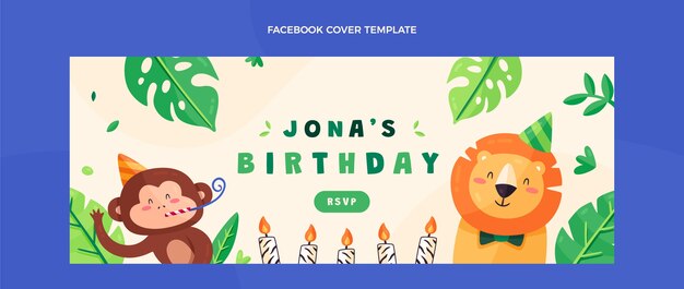 Plantilla de portada de redes sociales de fiesta de cumpleaños de jungla plana