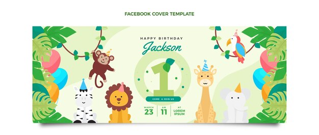 Plantilla de portada de redes sociales de fiesta de cumpleaños de jungla plana
