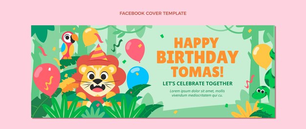 Plantilla de portada de redes sociales de fiesta de cumpleaños de jungla plana