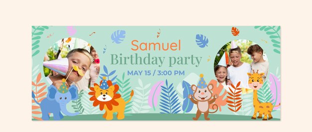 Plantilla de portada de redes sociales de fiesta de cumpleaños de jungla plana