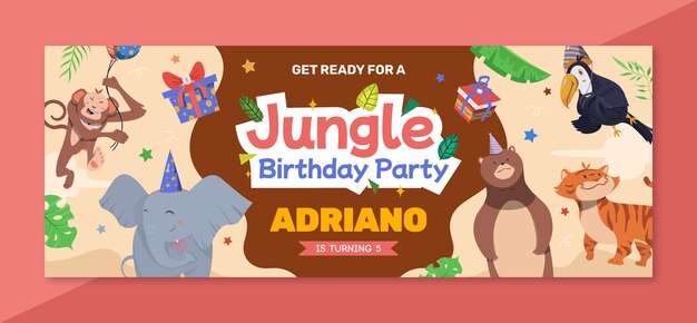 Plantilla de portada de redes sociales de fiesta de cumpleaños de jungla plana