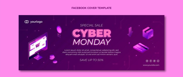 Plantilla de portada de redes sociales isométrica de cyber monday