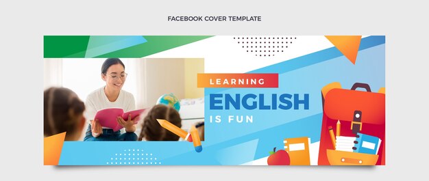 Plantilla de portada de redes sociales de lecciones de inglés degradado