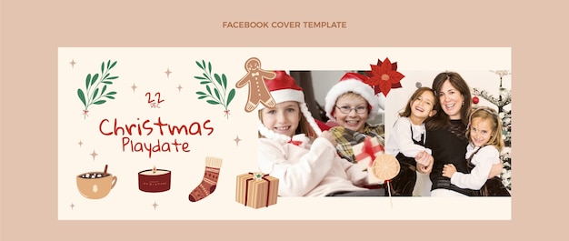 Plantilla de portada de redes sociales de navidad plana dibujada a mano
