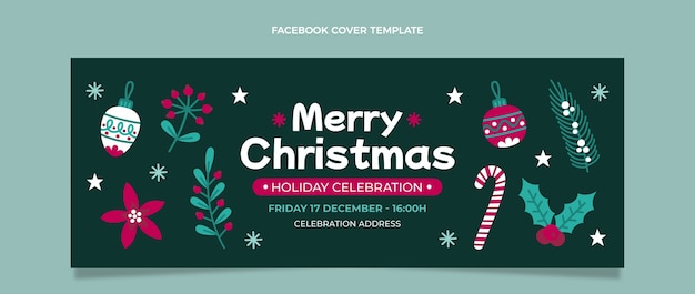 Plantilla de portada de redes sociales de navidad plana dibujada a mano