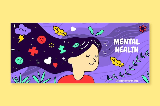Vector gratuito plantilla de portada de redes sociales de salud mental dibujada a mano