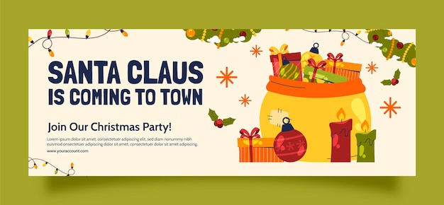 Plantilla de portada de redes sociales para la temporada navideña con saco de regalos.