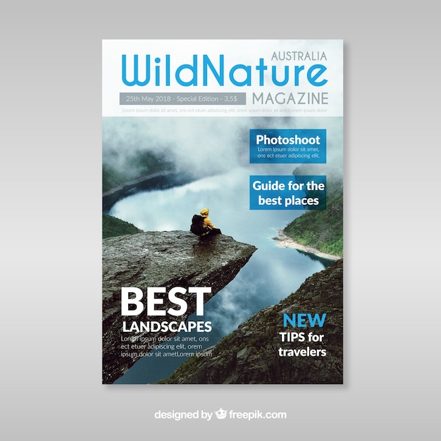 Vector gratuito plantilla de portada de revista de naturaleza con foto