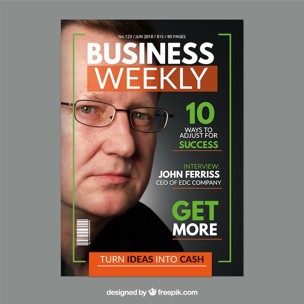 Vector gratuito plantilla de portada de revista de negocios con foto