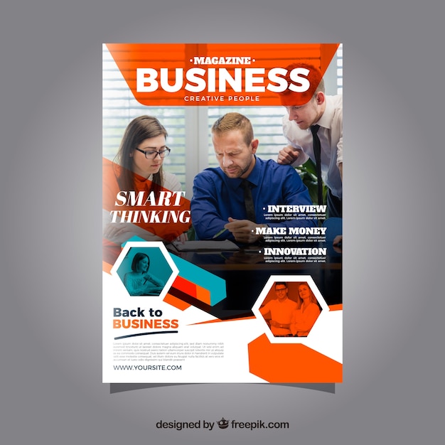 Vector gratuito plantilla de portada de revista de negocios con modelo posando