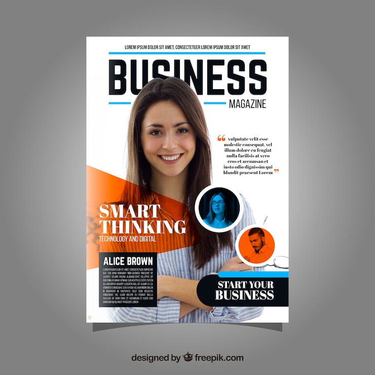Vector gratuito plantilla de portada de una revista de negocios con modelos posando