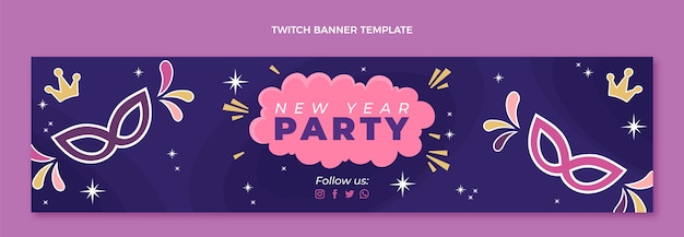 Plantilla de portada de twitch de año nuevo plano dibujado a mano