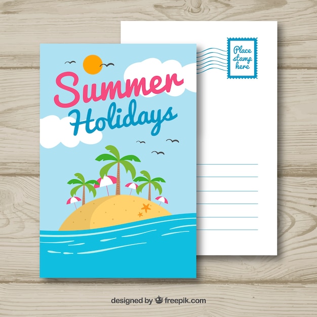 Plantilla de postal de verano dibujada a mano con isla