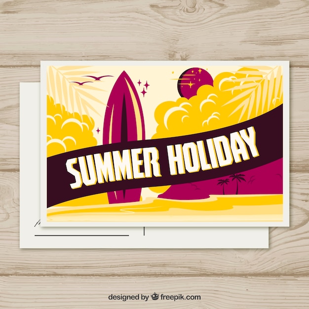 Plantilla de postal de verano dibujada a mano con tabla de surf