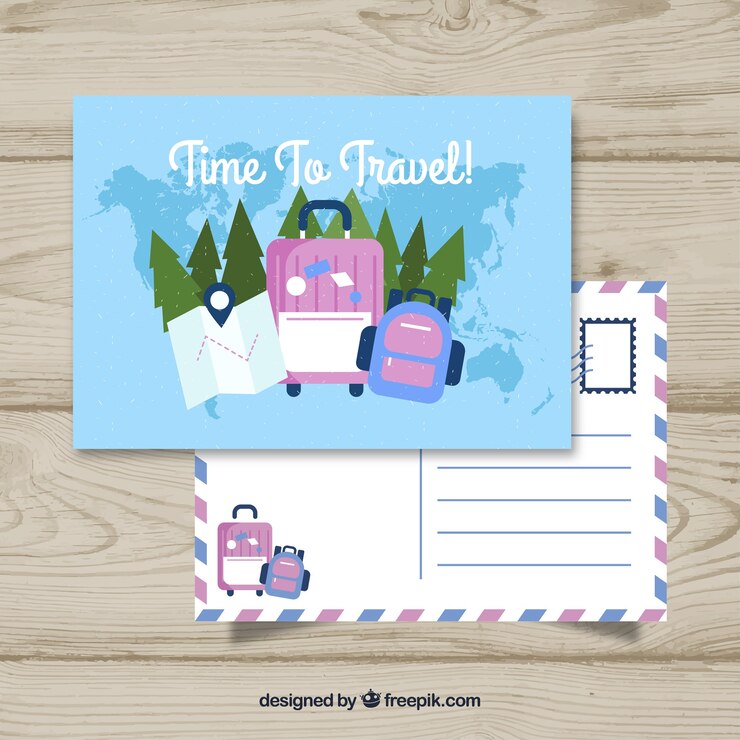Vector gratuito plantilla de postal de viaje con diseño plano
