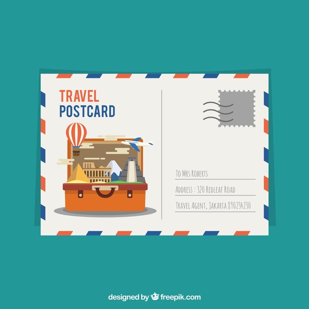 Plantilla de postal de viaje con elementos planos