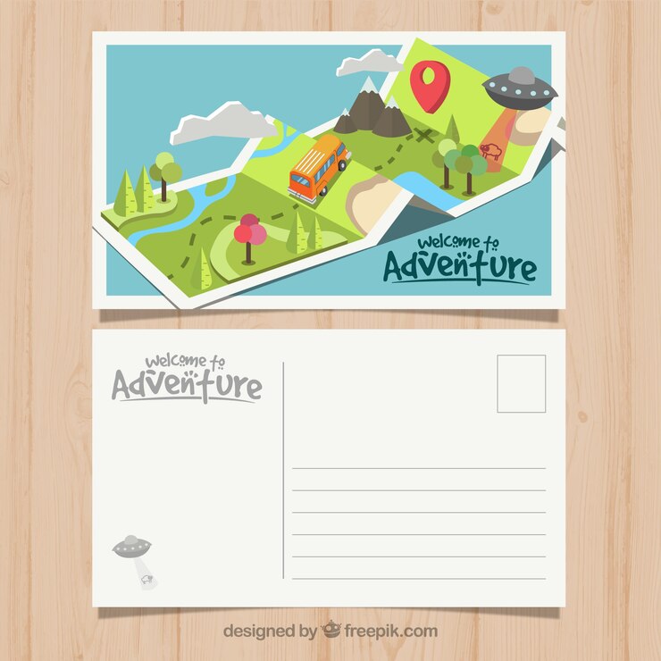 Vector gratuito plantilla de postal de viaje con estilo de aventura