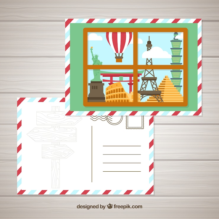 Vector gratuito plantilla de postal de viaje en estilo plano