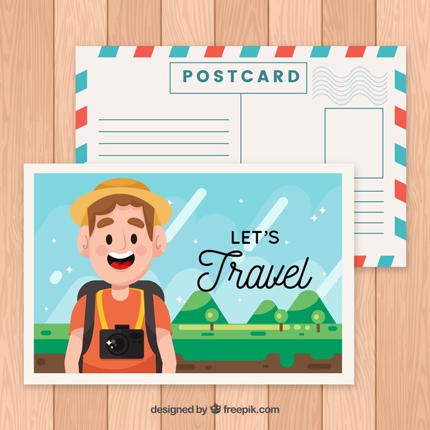 Plantilla de postal de viaje con personaje sonriente