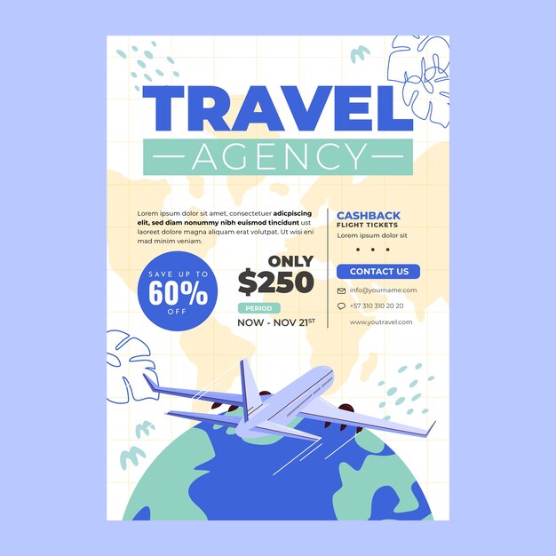 Plantilla de póster de agencia de viajes de diseño plano