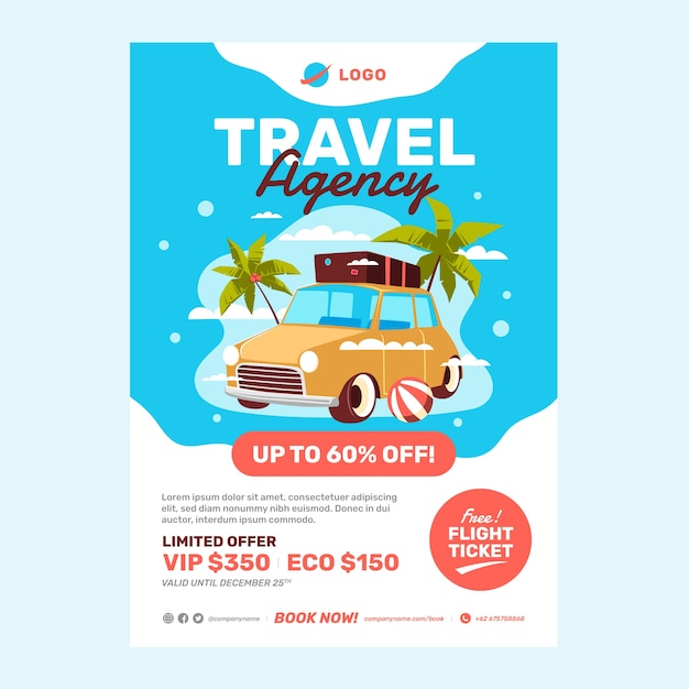Plantilla de póster de agencia de viajes de diseño plano