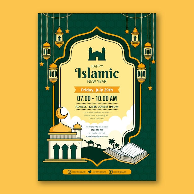 Plantilla de póster de año nuevo islámico dibujado a mano con linternas y palacio