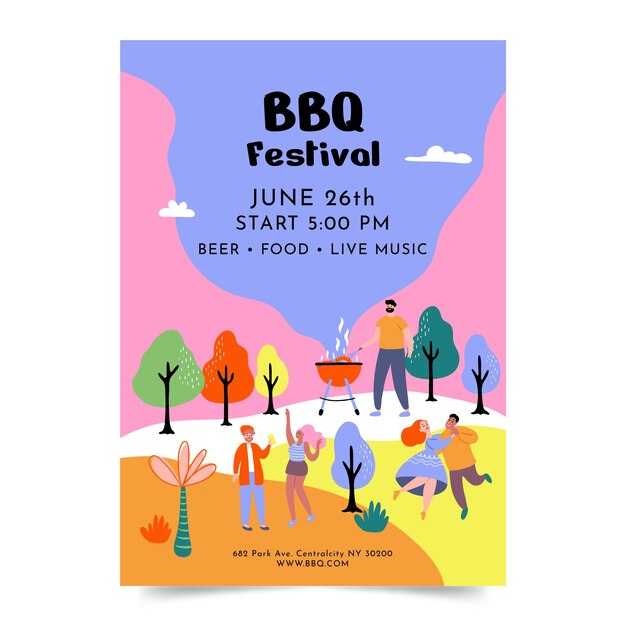Plantilla de póster de barbacoa de verano dibujada a mano con gente en el festival