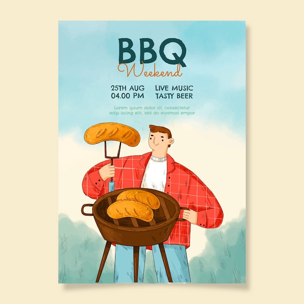 Vector gratuito plantilla de póster de barbacoa de verano dibujada a mano con hombre asando salchichas