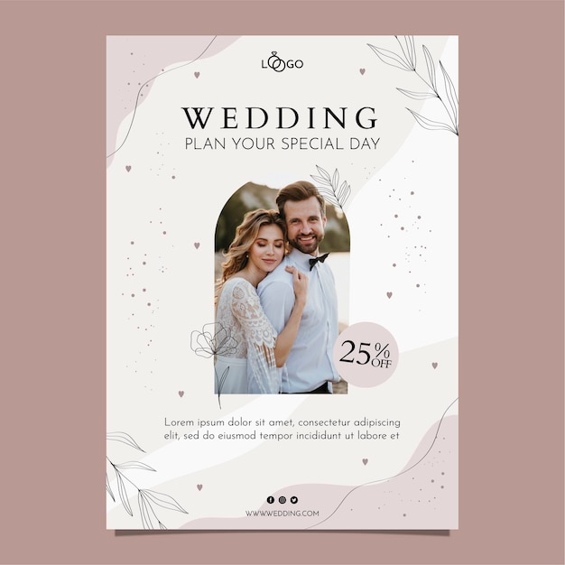 Vector gratuito plantilla de póster de boda de hojas dibujadas a mano