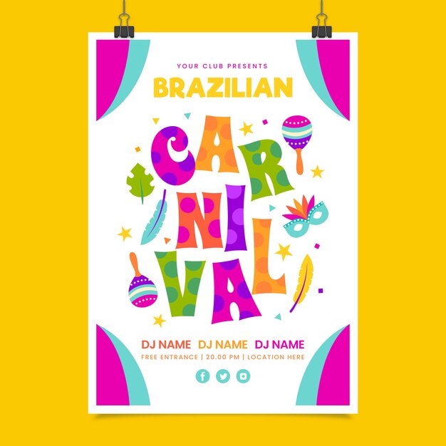 Plantilla de póster de carnaval brasileño en diseño plano