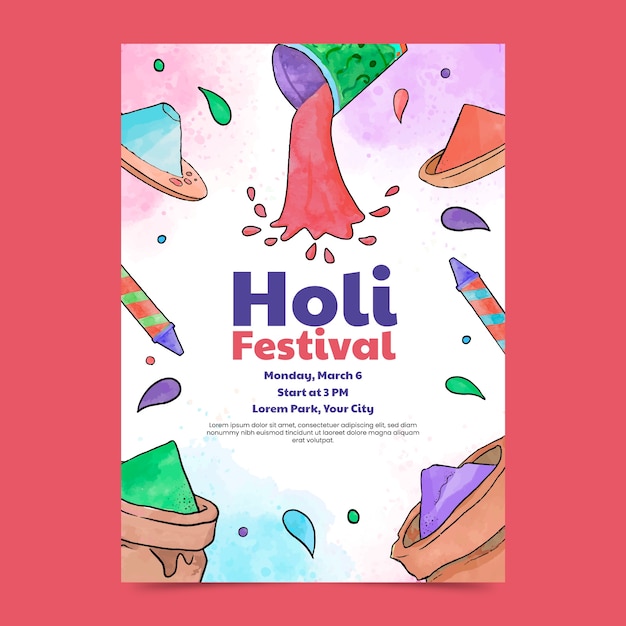 Vector gratuito plantilla de póster de celebración del festival de holi en acuarela