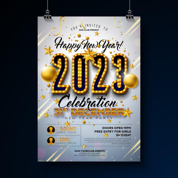 Vector gratuito plantilla de póster de celebración de fiesta de año nuevo 2023 con número de bombilla y bola de navidad dorada