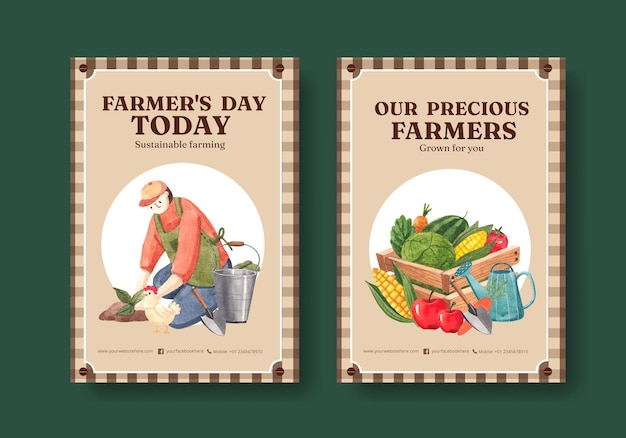 Plantilla de póster con el concepto del día nacional del agricultor, estilo acuarela