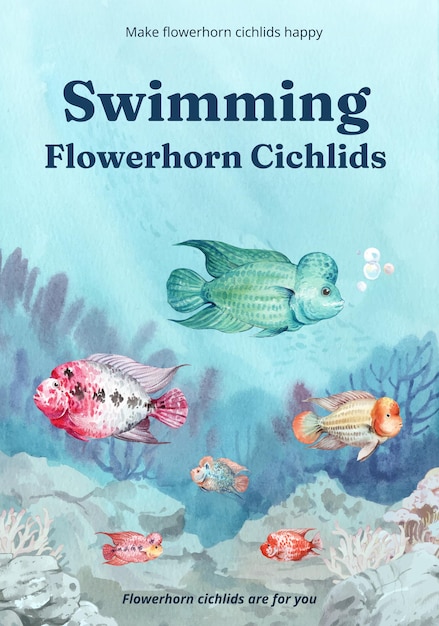 Plantilla de póster con concepto de pez cíclido flowerhorn, estilo acuarela