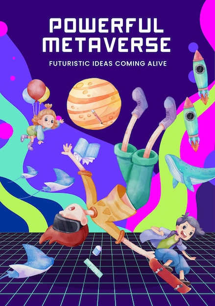 Plantilla de póster con concepto de tecnología de metaverso, estilo acuarela