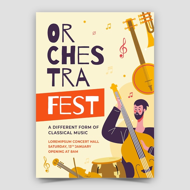 Vector gratuito plantilla de póster de concierto de orquesta dibujada a mano