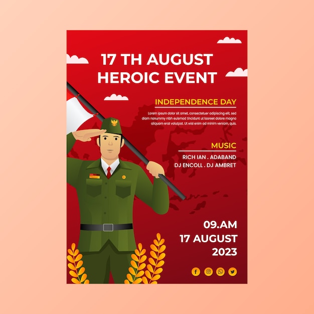 Vector gratuito plantilla de póster del día de la independencia de indonesia degradado con saludo de soldado