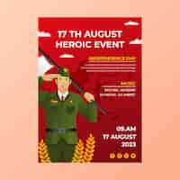 Vector gratuito plantilla de póster del día de la independencia de indonesia degradado con saludo de soldado