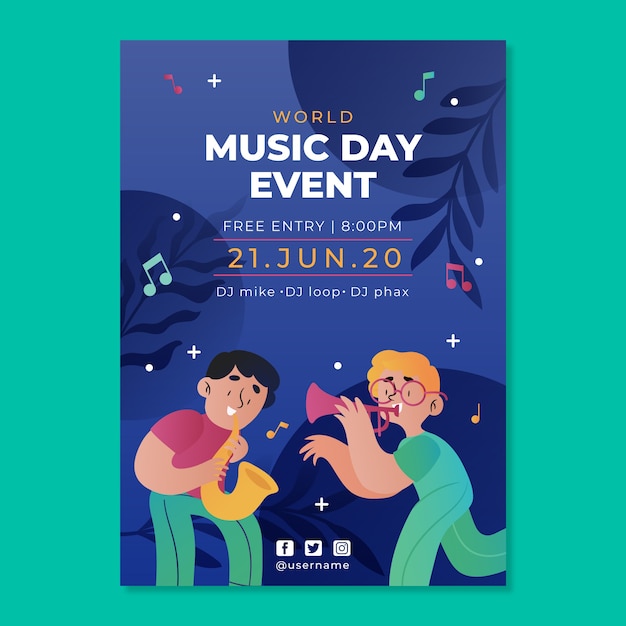 Vector gratuito plantilla de póster del día mundial de la música con degradado