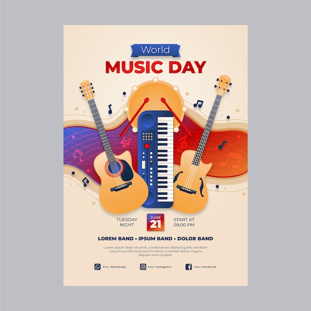 Vector gratuito plantilla de póster del día mundial de la música con degradado