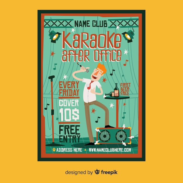 Vector gratuito plantilla de poster dibujado de noche de karaoke