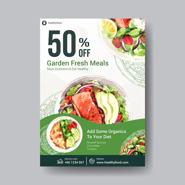 Plantilla de póster con diseño de alimentos saludables y orgánicos.