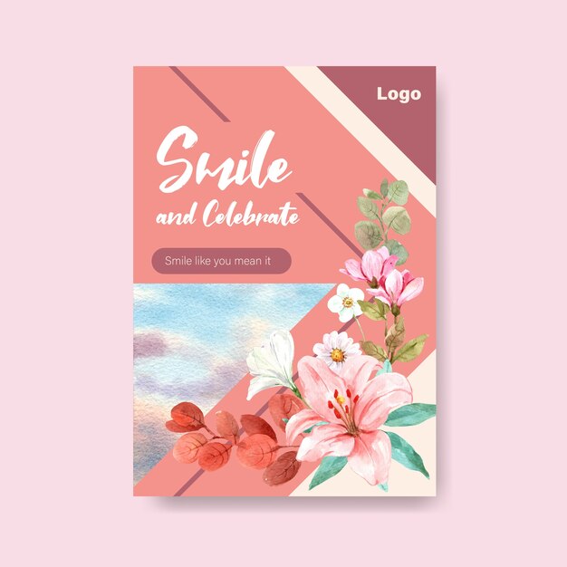 Vector gratuito plantilla de póster con diseño de ramo de flores para el concepto del día mundial de la sonrisa para anuncios e ilustraciones vectoriales de acuarela de marketing.