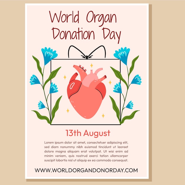 Vector gratuito plantilla de póster de donación de órganos de mundo plano con corazón